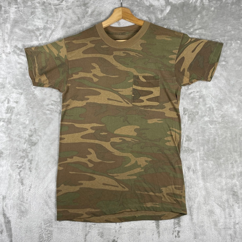 Vintage 80s Paper Thin T-Shirt Mens M Brown Camo Pocket Single Stitch Tee USA